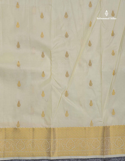 Pure Kanjivaram Silk Saree - Half White Colour Body With Zari Butta & Contrast Pink Blouse