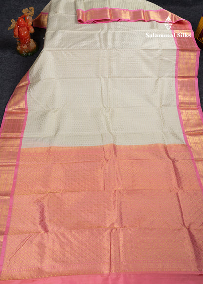 Beautiful White Pure Kanjivaram Silk Saree With Contrast Baby Pink Traditional Border