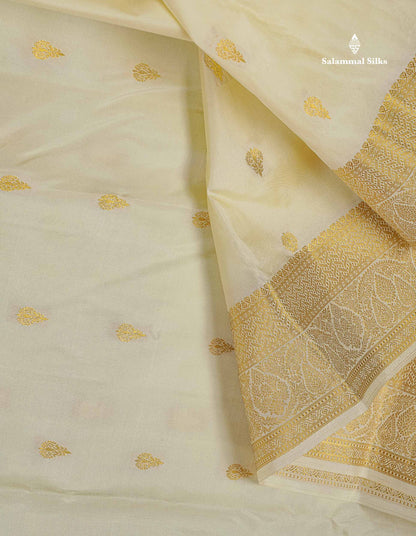 Pure Kanjivaram Silk Saree - Half White Colour Body With Zari Butta & Contrast Pink Blouse