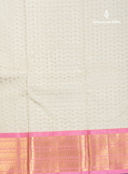 Beautiful White Pure Kanjivaram Silk Saree With Contrast Baby Pink Traditional Border