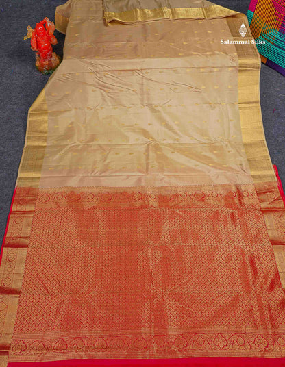 Pure Kanjivaram Silk Saree - Beige Colour Body With Zari Butta & Contrast Chilly Red Blouse