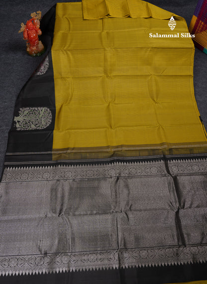 Beautiful Yellow & Black Tiny Checks Pure Kanjivaram Pure Silk Saree With Contrast Black Fancy Border