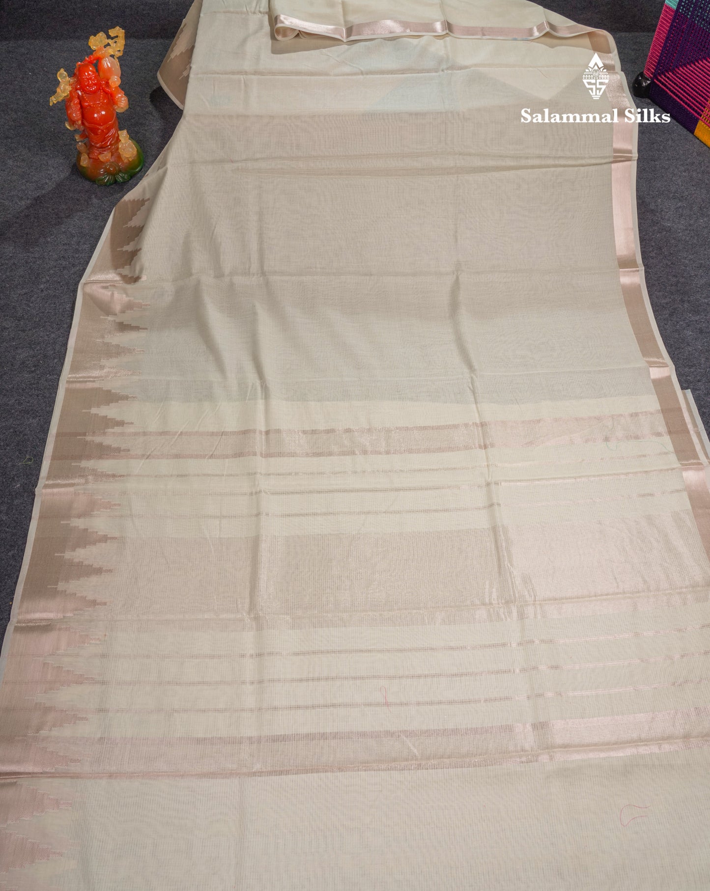 Half White Beautiful Horizontal Lines Cotton Mix Fancy Saree With Silver Zari Temple Border
