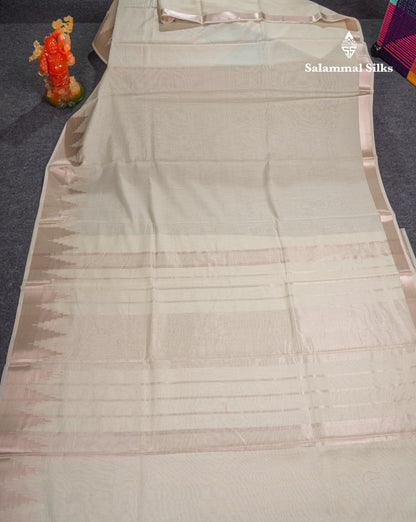 Half White Beautiful Horizontal Lines Cotton Mix Fancy Saree With Silver Zari Temple Border