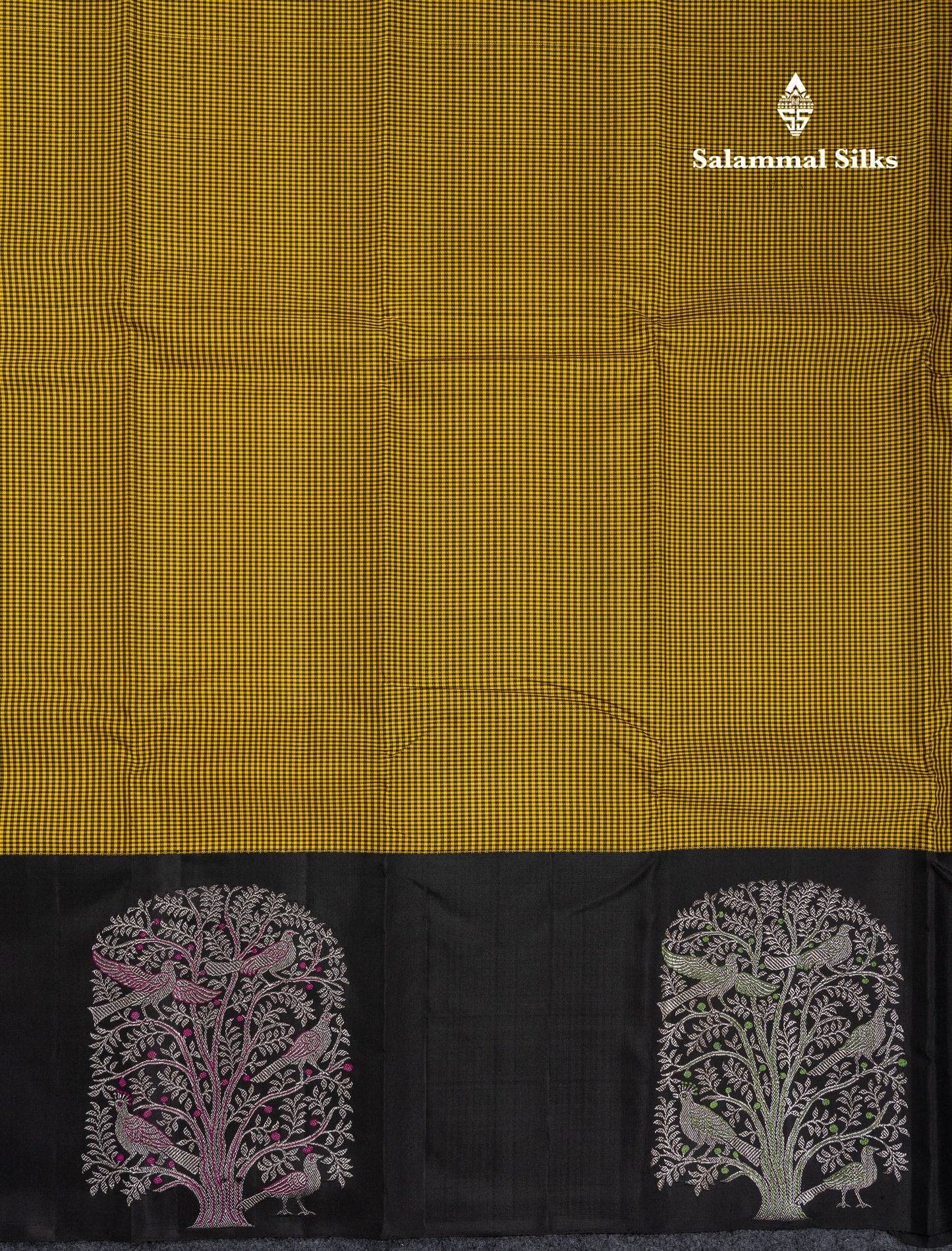 Beautiful Yellow & Black Tiny Checks Pure Kanjivaram Pure Silk Saree With Contrast Black Fancy Border