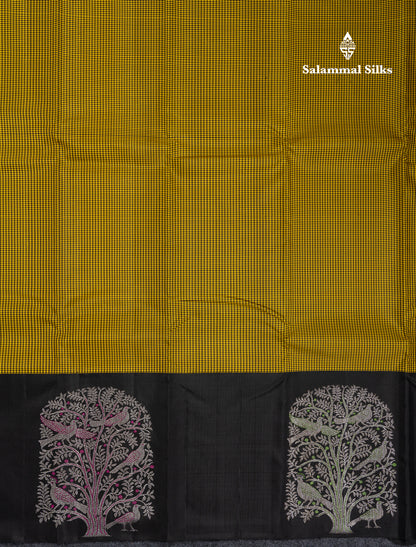 Beautiful Yellow & Black Tiny Checks Pure Kanjivaram Pure Silk Saree With Contrast Black Fancy Border