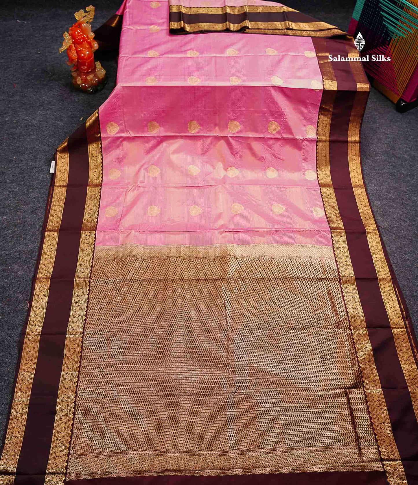 Onion Pink Alai Vaira Oosi Lines With Butta Semi Silk Saree With Contrast Dark Brown Traditional Gap Border