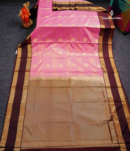 Onion Pink Alai Vaira Oosi Lines With Butta Semi Silk Saree With Contrast Dark Brown Traditional Gap Border