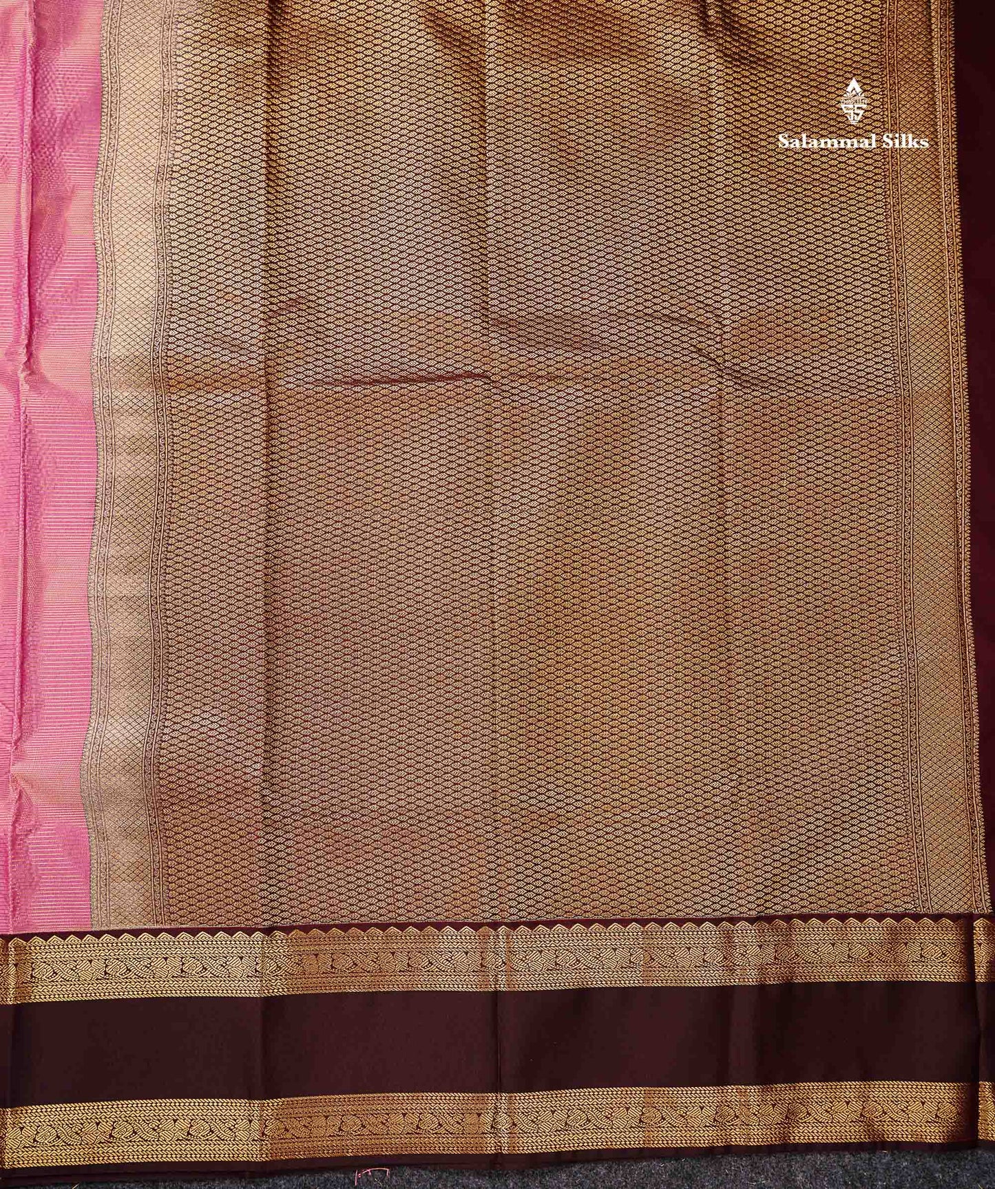 Onion Pink Alai Vaira Oosi Lines With Butta Semi Silk Saree With Contrast Dark Brown Traditional Gap Border