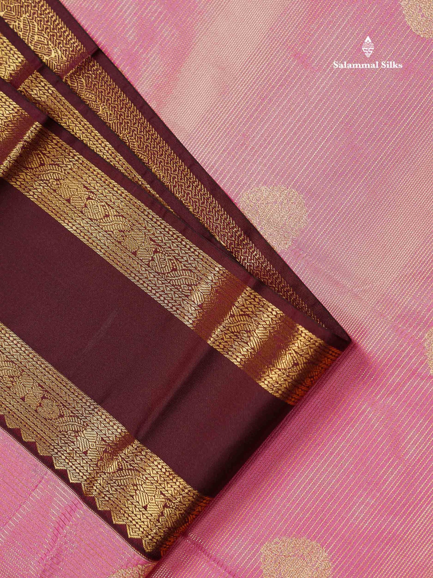 Onion Pink Alai Vaira Oosi Lines With Butta Semi Silk Saree With Contrast Dark Brown Traditional Gap Border