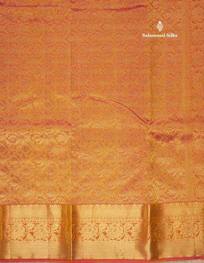 Manthulir Green Pure Kanjivaram Silk Saree With Contrast Peach Orange Border