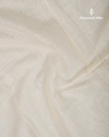 Half White Beautiful Horizontal Lines Cotton Mix Fancy Saree With Silver Zari Temple Border