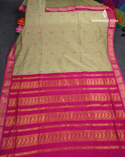 Pista Green Kalyani Cotton Saree With Contrast Pink Border