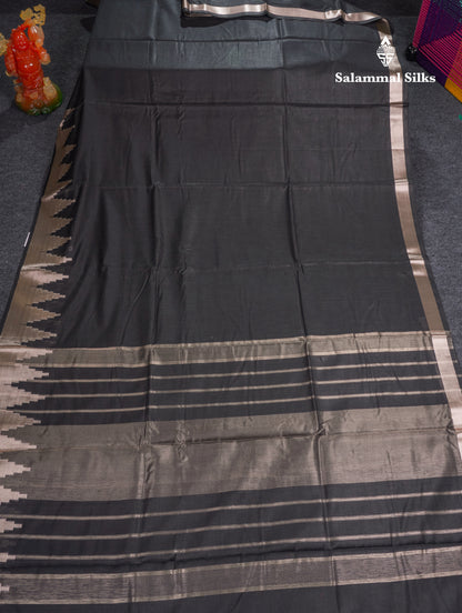 Black Beautiful Horizontal Lines Cotton Mix Fancy Saree With Silver Zari Temple Border