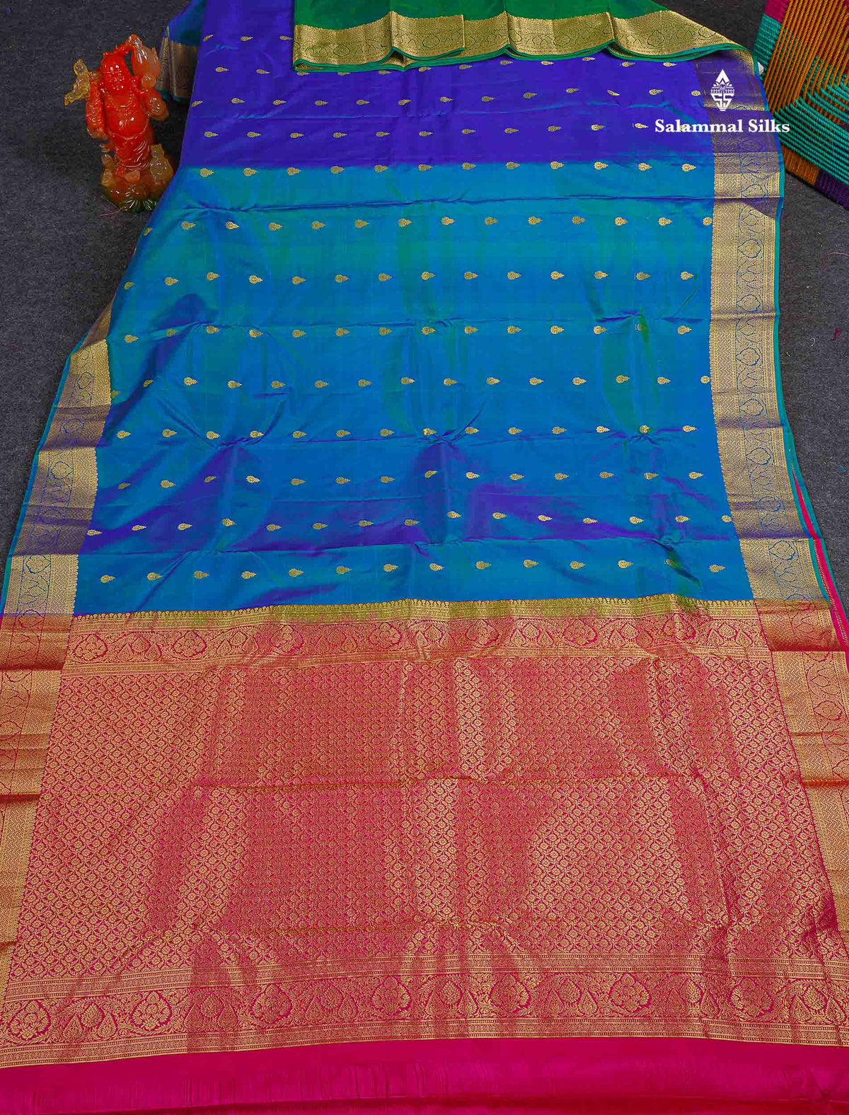 Pure Kanjivaram Silk Saree - Dual Tone Peacock Blue Colour Body With Butta & Contrast Pink Blouse