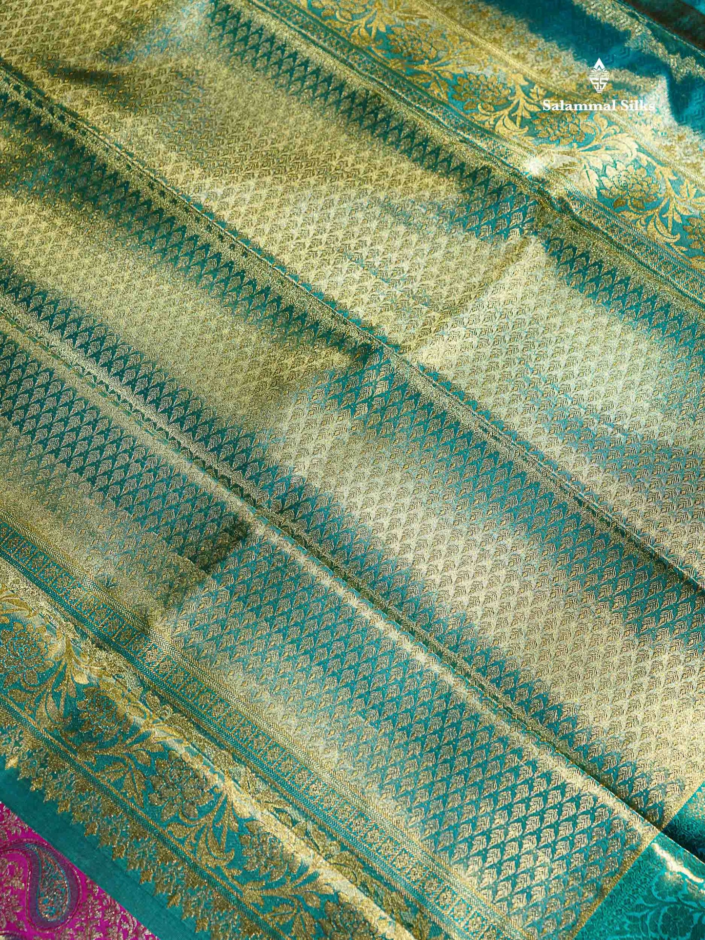 Pink Tissue Bridal Pure Kanjivaram Silk Saree With Sapphire Green Border