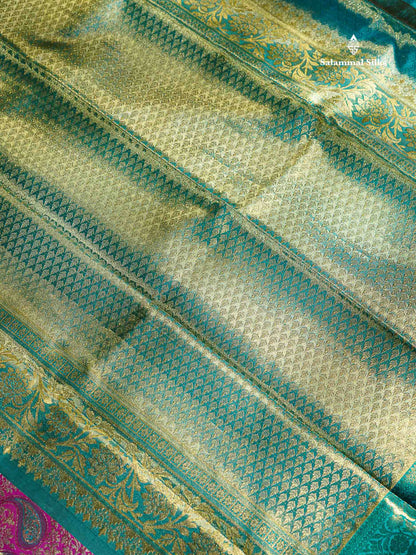 Pink Tissue Bridal Pure Kanjivaram Silk Saree With Sapphire Green Border