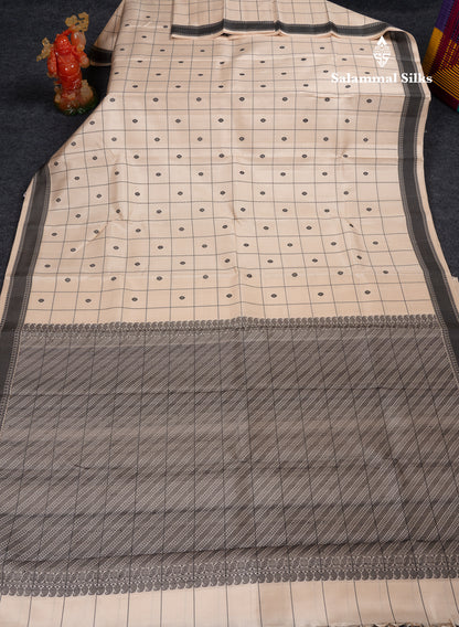 Beautiful Zari less Cream Sandal Checks With Butta Pure Kanjivaram Silk Saree With Contrast Black Traditional Border (No Zari)