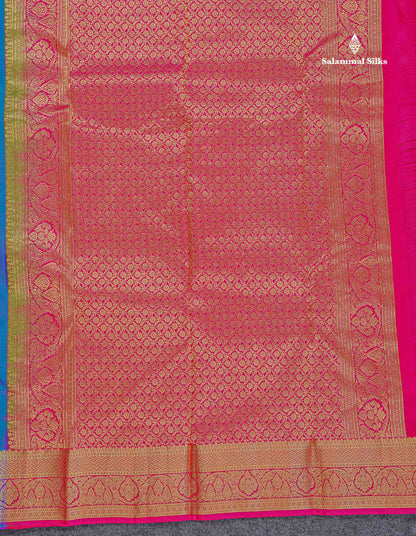 Pure Kanjivaram Silk Saree - Half White Colour Body With Zari Butta & Contrast Pink Blouse