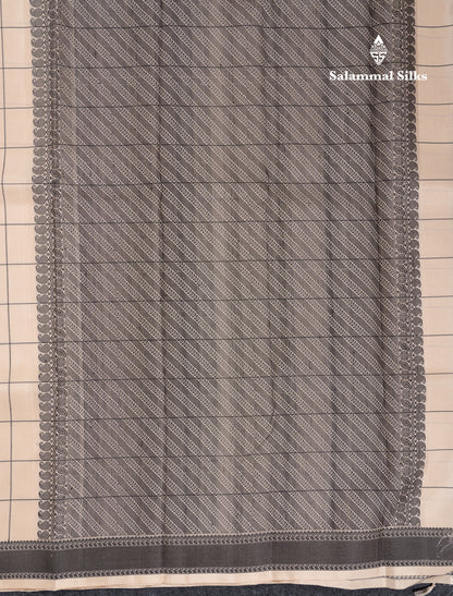 Beautiful Zari less Cream Sandal Checks With Butta Pure Kanjivaram Silk Saree With Contrast Black Traditional Border (No Zari)