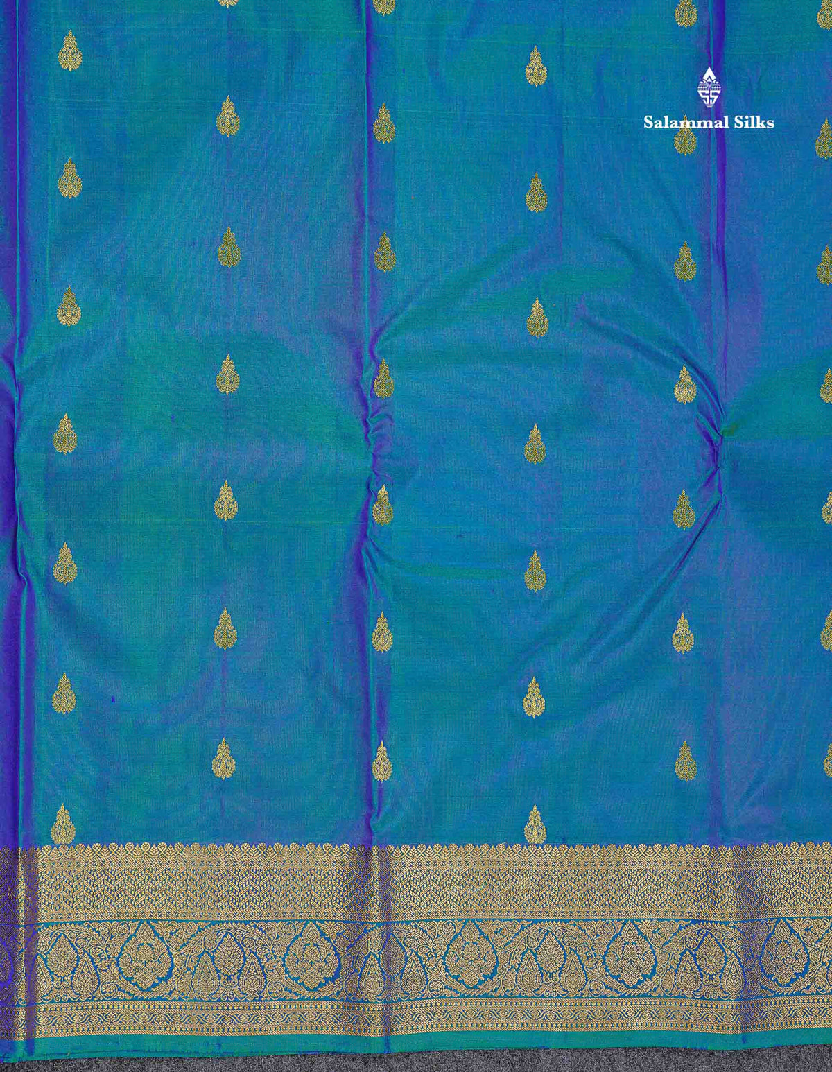 Pure Kanjivaram Silk Saree - Dual Tone Peacock Blue Colour Body With Butta & Contrast Pink Blouse