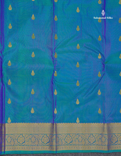 Pure Kanjivaram Silk Saree - Dual Tone Peacock Blue Colour Body With Butta & Contrast Pink Blouse