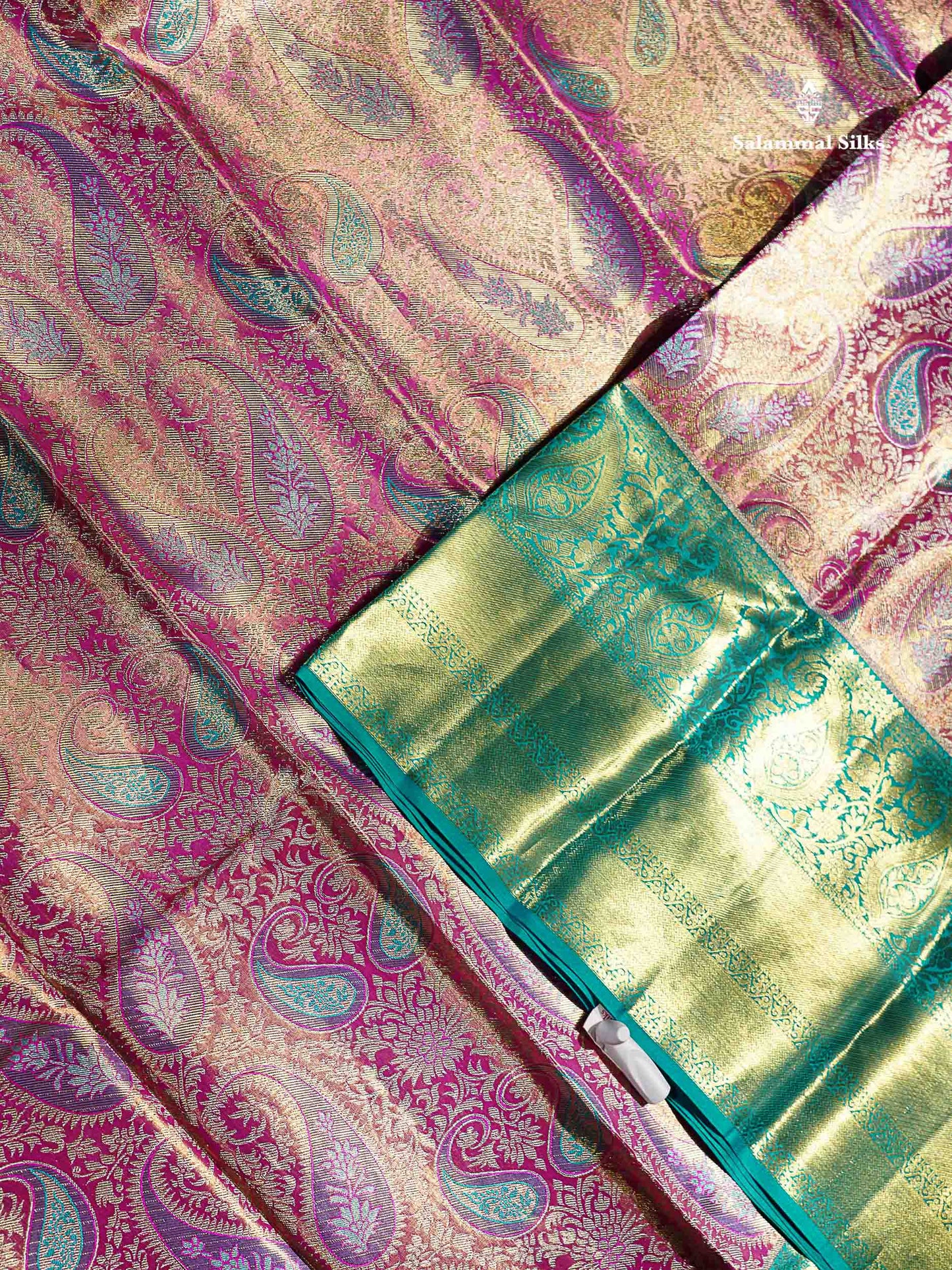 Pink Tissue Bridal Pure Kanjivaram Silk Saree With Sapphire Green Border