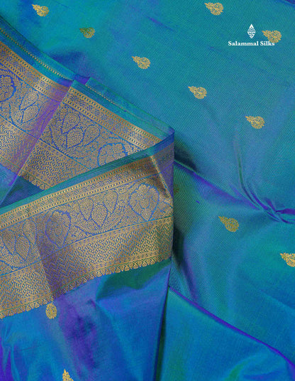 Pure Kanjivaram Silk Saree - Dual Tone Peacock Blue Colour Body With Butta & Contrast Pink Blouse