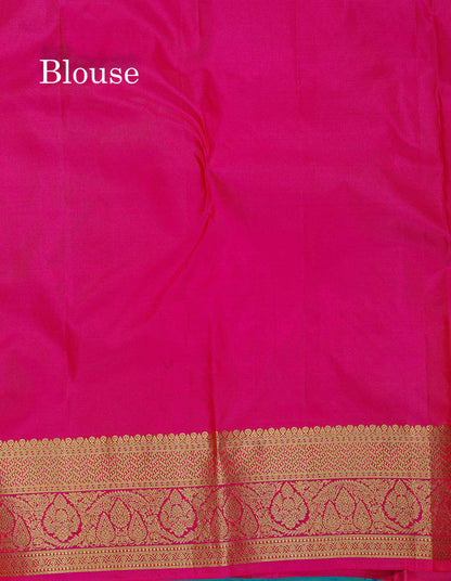 Pure Kanjivaram Silk Saree - Dual Tone Peacock Blue Colour Body With Butta & Contrast Pink Blouse