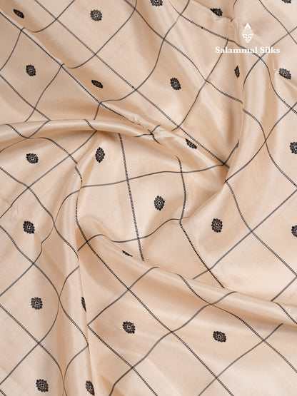 Beautiful Zari less Cream Sandal Checks With Butta Pure Kanjivaram Silk Saree With Contrast Black Traditional Border (No Zari)