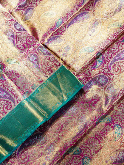 Pink Tissue Bridal Pure Kanjivaram Silk Saree With Sapphire Green Border