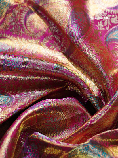 Pink Tissue Bridal Pure Kanjivaram Silk Saree With Sapphire Green Border