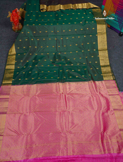 Pure Kanjivaram Silk Saree - Bottle Green Colour Body With Butta & Contrast Light Pink Blouse