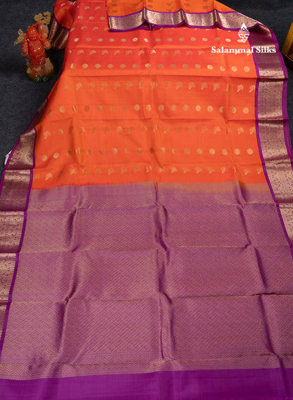 Beautiful Orange Pure Kanjivaram Silk Saree With Contrast Magenta Traditional Border
