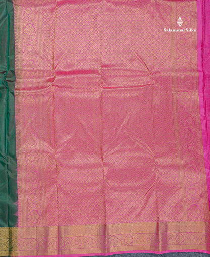 Pure Kanjivaram Silk Saree - Bottle Green Colour Body With Butta & Contrast Light Pink Blouse