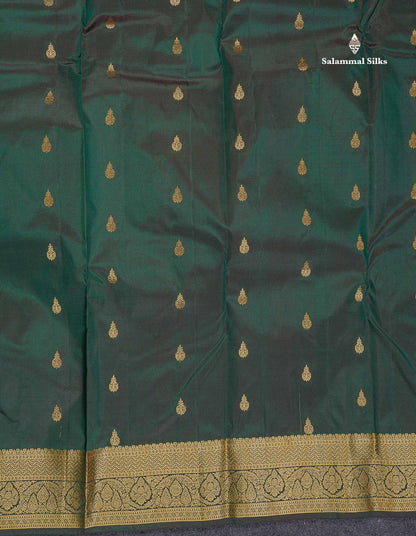 Pure Kanjivaram Silk Saree - Bottle Green Colour Body With Butta & Contrast Light Pink Blouse