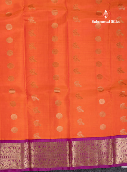 Beautiful Orange Pure Kanjivaram Silk Saree With Contrast Magenta Traditional Border