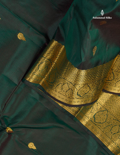 Pure Kanjivaram Silk Saree - Bottle Green Colour Body With Butta & Contrast Light Pink Blouse