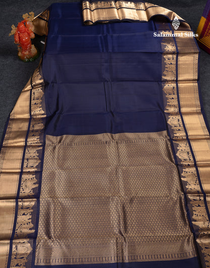 Beautiful Navy Blue Plain Pure Kanjivaram Silk Saree with Traditional Pallakku Border
