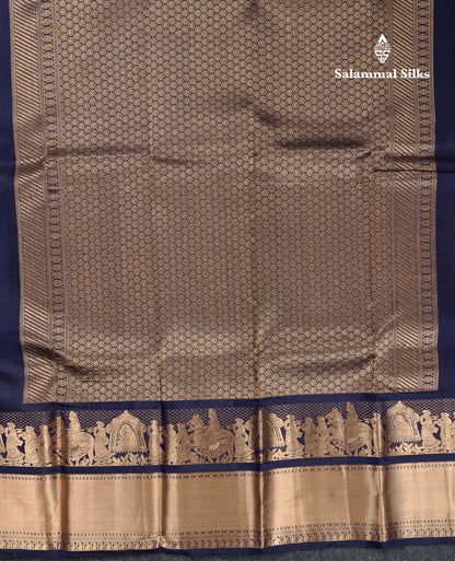 Beautiful Navy Blue Plain Pure Kanjivaram Silk Saree with Traditional Pallakku Border