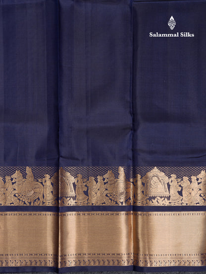 Beautiful Navy Blue Plain Pure Kanjivaram Silk Saree with Traditional Pallakku Border