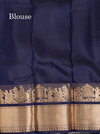 Beautiful Navy Blue Plain Pure Kanjivaram Silk Saree with Traditional Pallakku Border