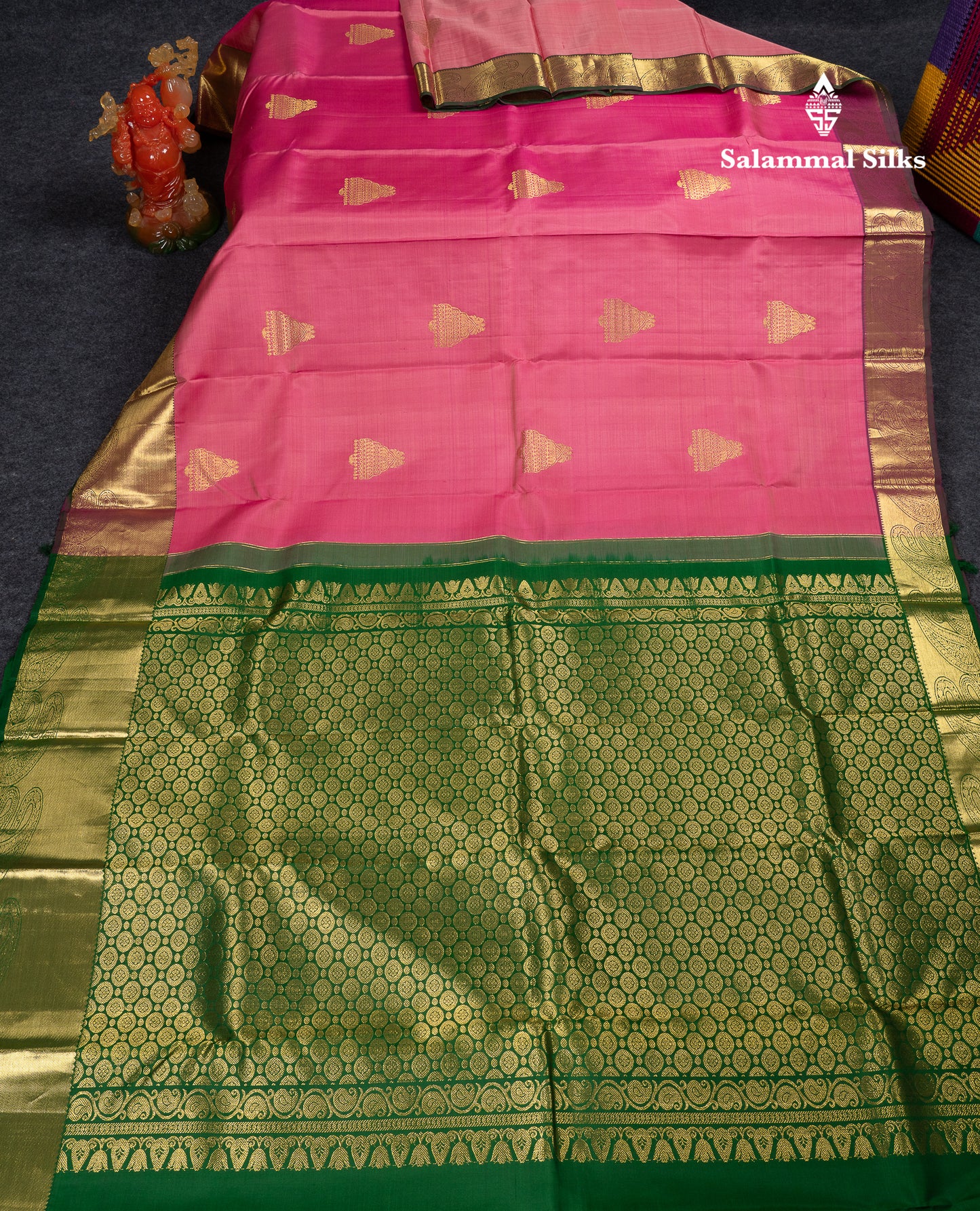 Beautiful Onion Pink Pure Kanjivaram Silk Saree With Contrast Bottle Green Border