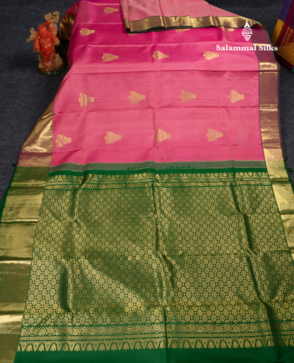 Beautiful Onion Pink Pure Kanjivaram Silk Saree With Contrast Bottle Green Border