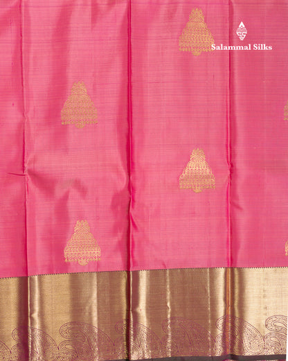 Beautiful Onion Pink Pure Kanjivaram Silk Saree With Contrast Bottle Green Border