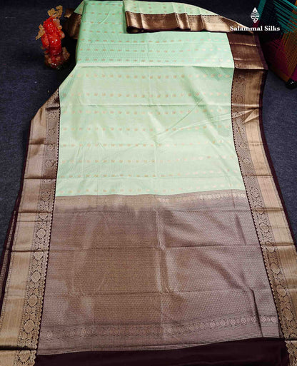 Semi Silk Saree - Light Pista Green Mango Butta With Checks Along With Contrast Dark Brown Traditional Gap Border
