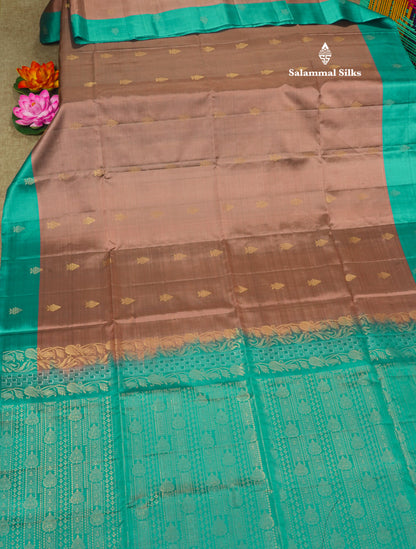Beautiful Light Brown Pure Kanjivaram Soft Silk Saree With Contrast Rama Blue Small Border