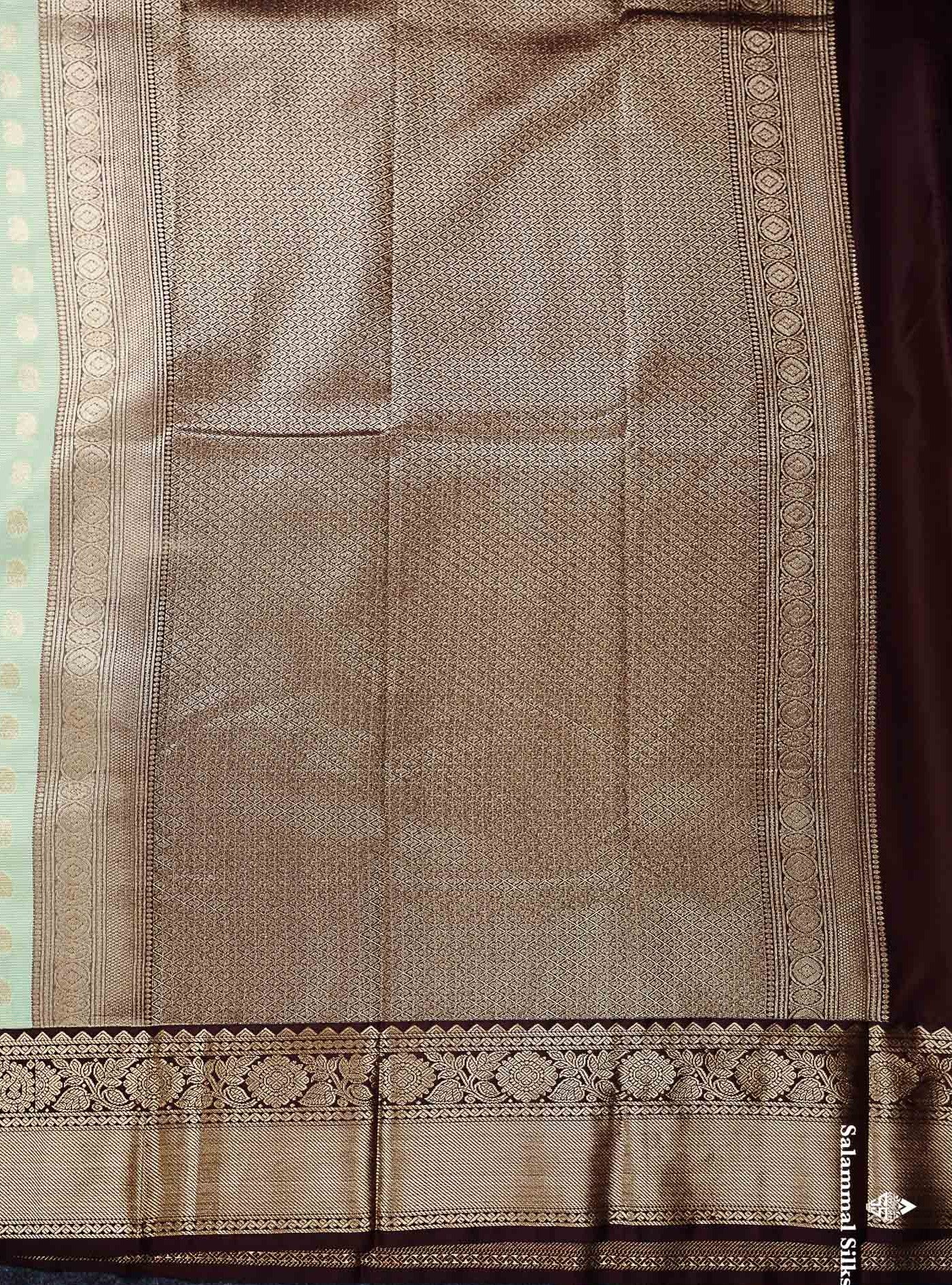Semi Silk Saree - Light Pista Green Mango Butta With Checks Along With Contrast Dark Brown Traditional Gap Border