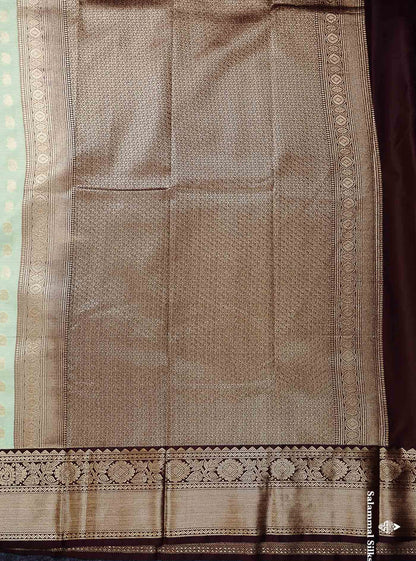 Semi Silk Saree - Light Pista Green Mango Butta With Checks Along With Contrast Dark Brown Traditional Gap Border