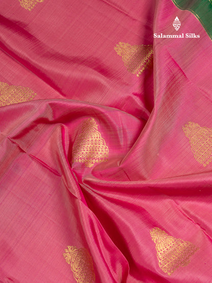 Beautiful Onion Pink Pure Kanjivaram Silk Saree With Contrast Bottle Green Border